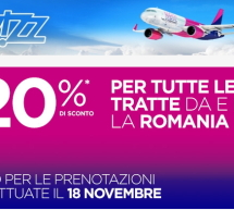 20% SCONTO PER TUTTE LE TRATTE DA E PER LA ROMANIA CON WIZZAIR – SOLO PER OGGI MERCOLEDI 18 NOVEMBRE 2015